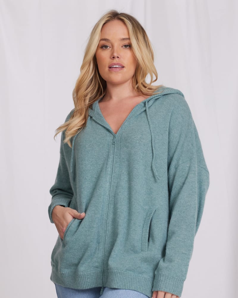 Front of a model wearing a size 2X Cashmere Zip Hoodie in Cloudy Jade by Minnie Rose. | dia_product_style_image_id:325002